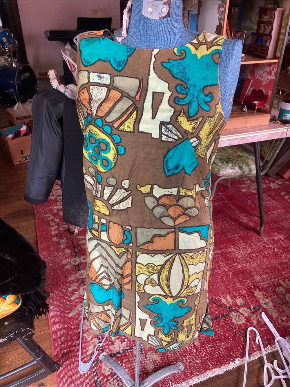Vintage tiki style geometric print sundress